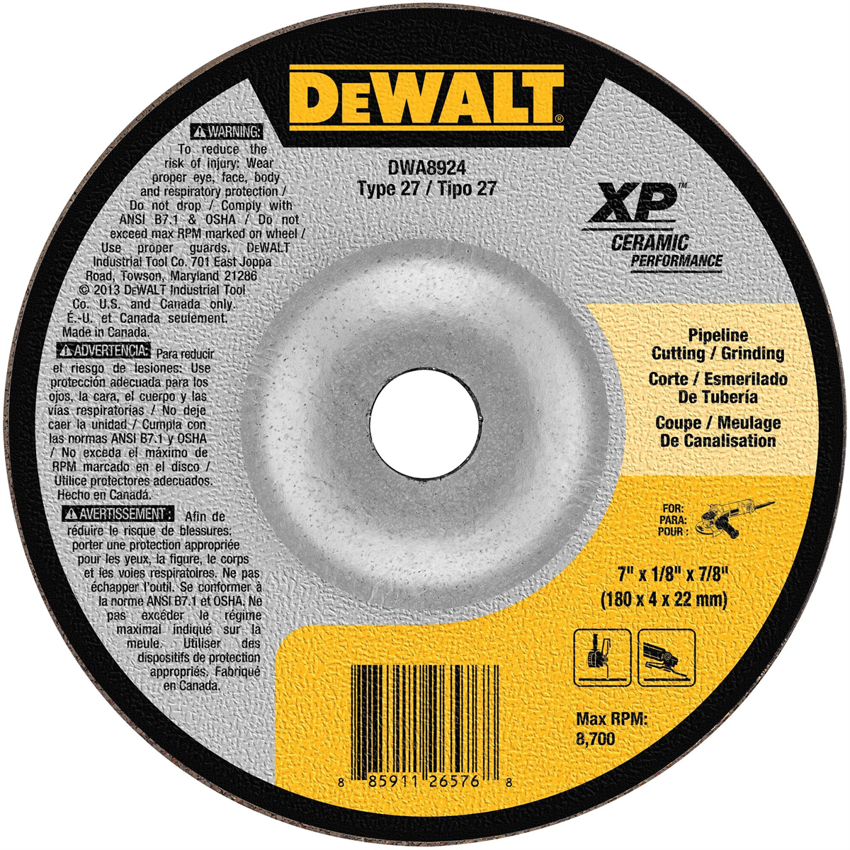 Dewalt Extended Performance Pipeline Grinding 7-inch X 1/8-inch X 7/8-inch Ceramic Abrasive