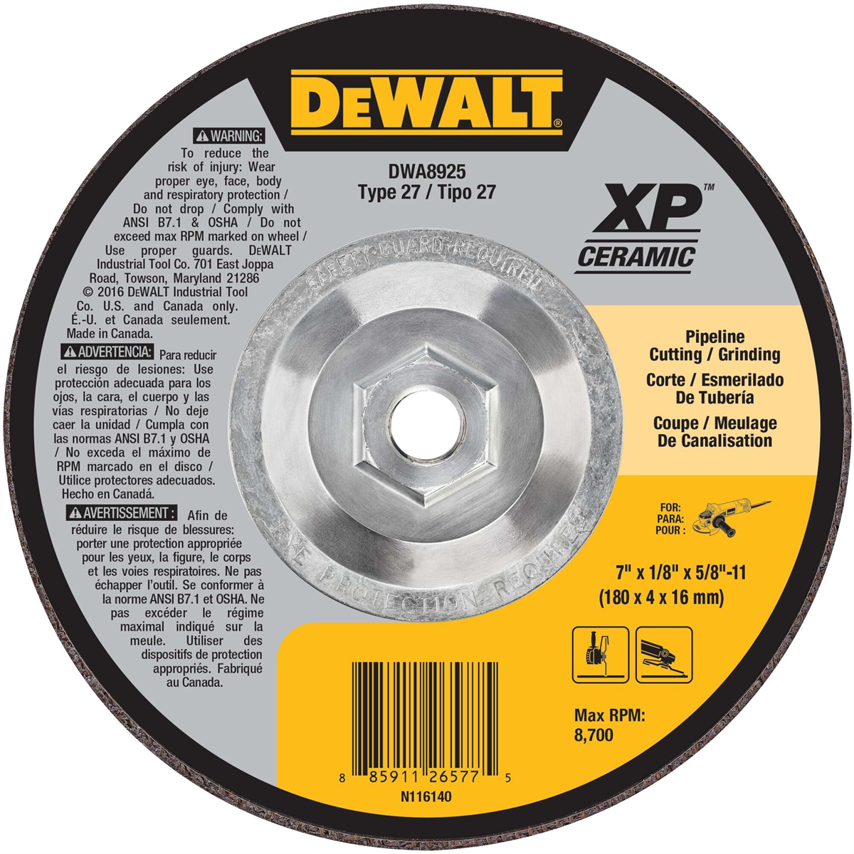 Dewalt Extended Performance Pipeline Grinding 7-inch X 1/8-inch X 5/8-inch -11 Ceramic Abrasive