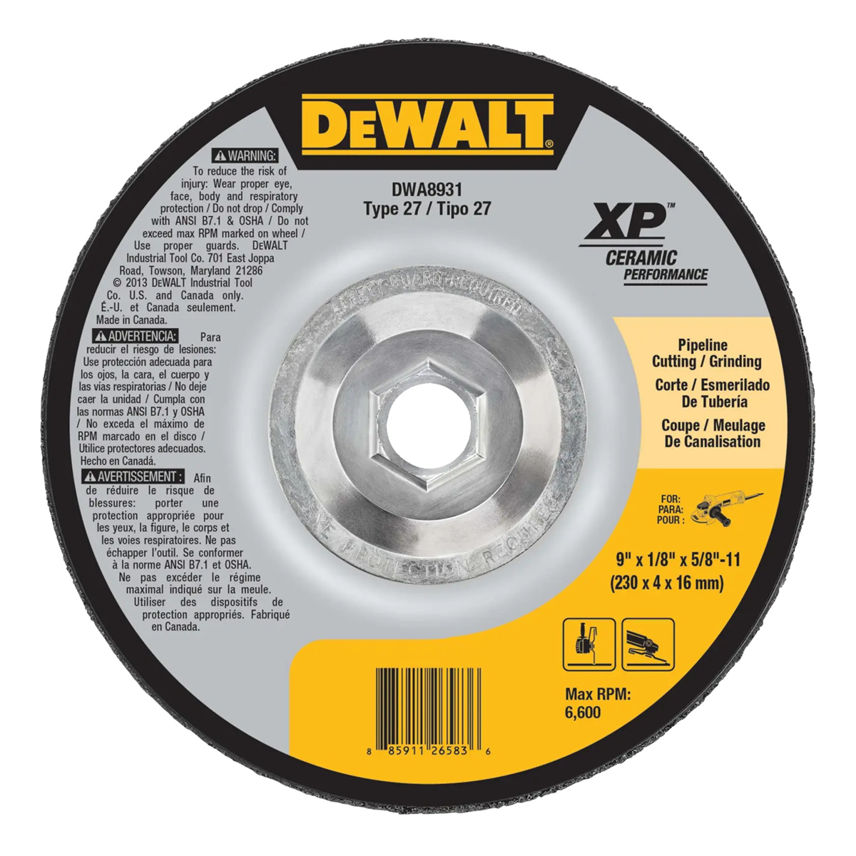 Dewalt Extended Performance Pipeline Grinding 9-inch X 1/8-inch X 5/8-inch -11 Ceramic Abrasive