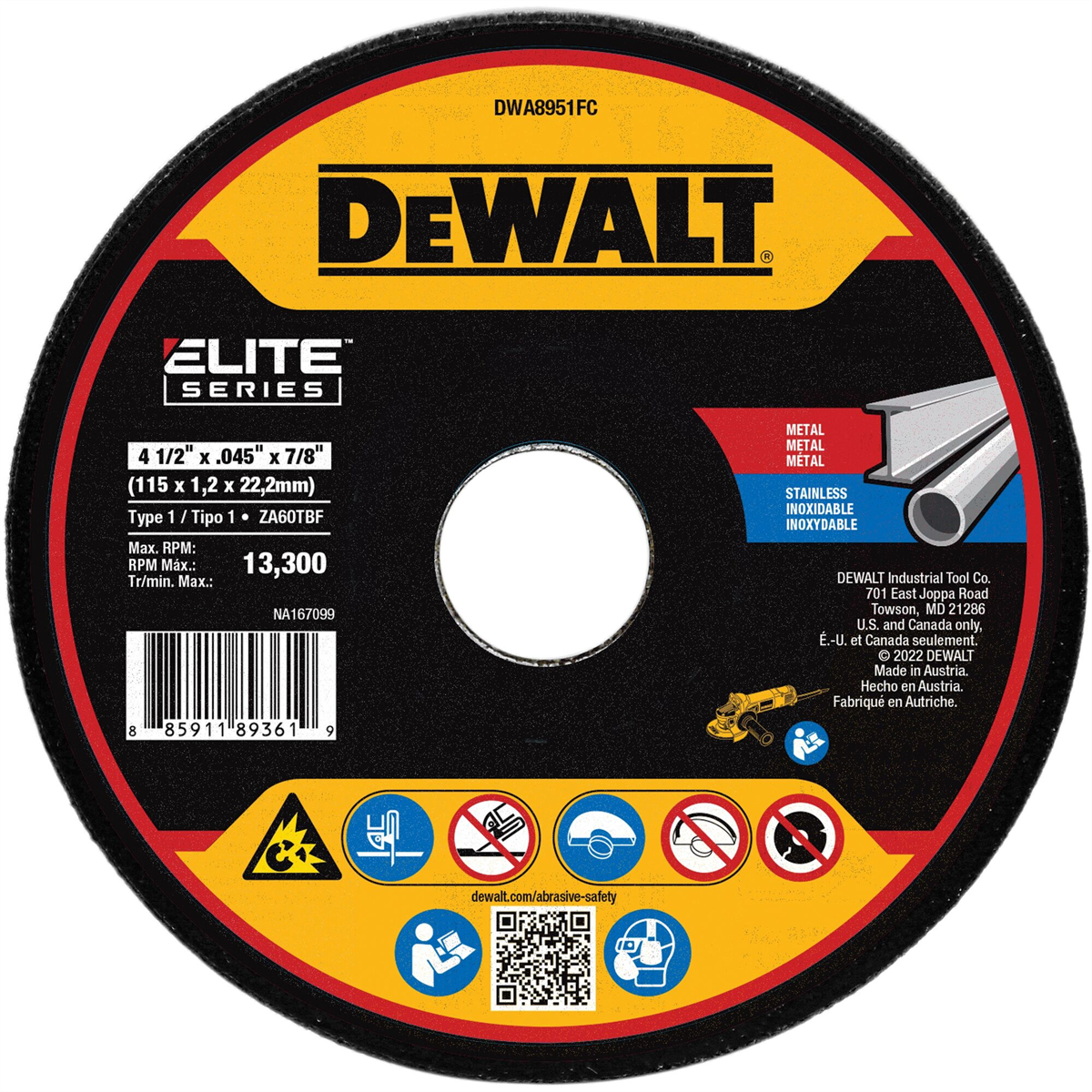 Dewalt Elite Series 4-1/2 In X .045 In Ceramic Abrasive Chop / Cut-off Blade With 7/8 In Arbor For Stainless & Mild Steel Cutting (1 Pack)
