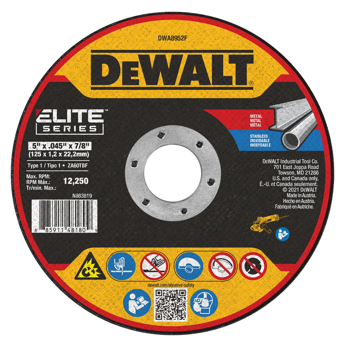 Dewalt Elite Series 5 In X .045 In Ceramic Abrasive Chop / Cut-off Blade With 7/8 In Arbor For Stainless & Mild Steel Cutting (1 Pack)