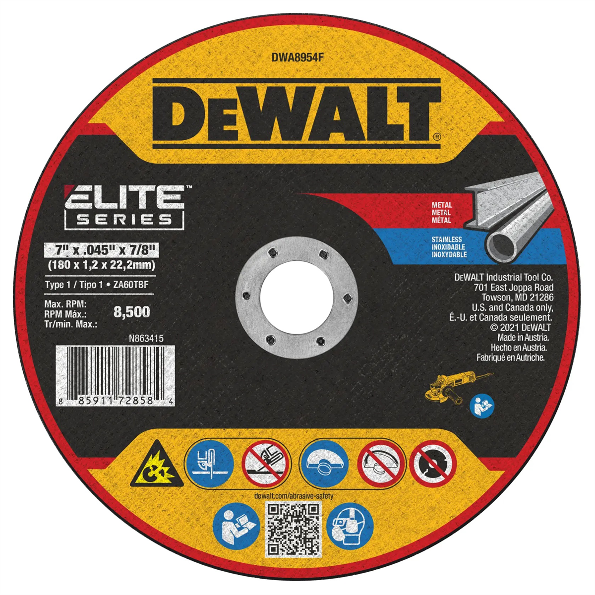 Dewalt Elite Series 7 In X .045 In Ceramic Abrasive Chop / Cut-off Blade With 7/8 In Arbor For Stainless & Mild Steel Cutting (1 Pack)