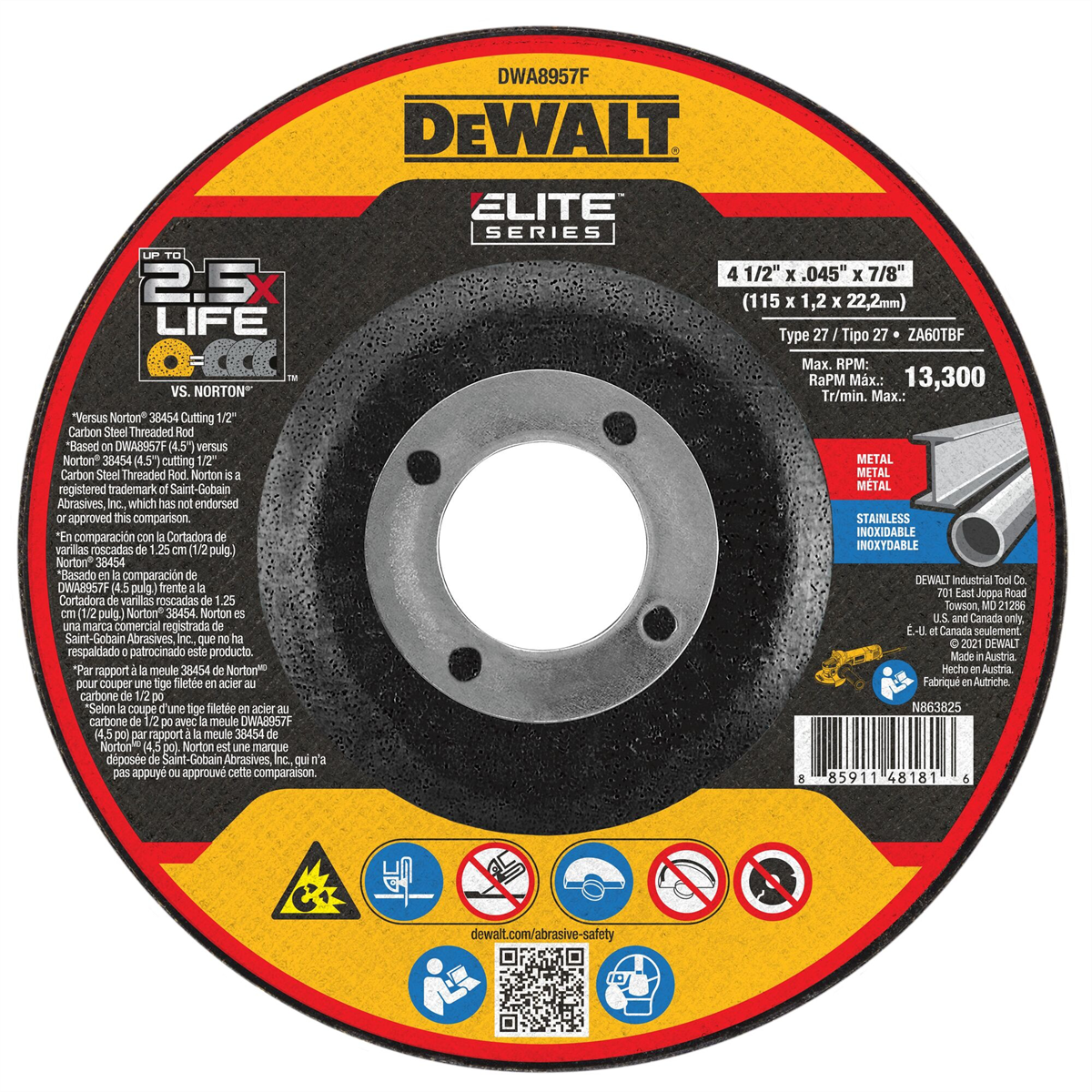 Dewalt Elite Series 4-1/2 In X .045 In Ceramic Abrasive Chop / Cut-off Blade With 7/8 In Arbor For Stainless & Mild Steel Cutting (1 Pack)