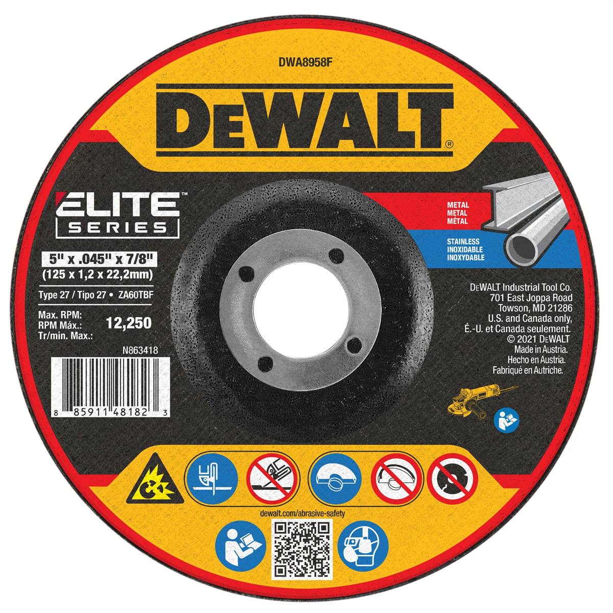 Dewalt Elite Series 5 In X .045 In Ceramic Abrasive Chop / Cut-off Blade With 7/8 In Arbor For Stainless & Mild Steel Cutting (1 Pack)