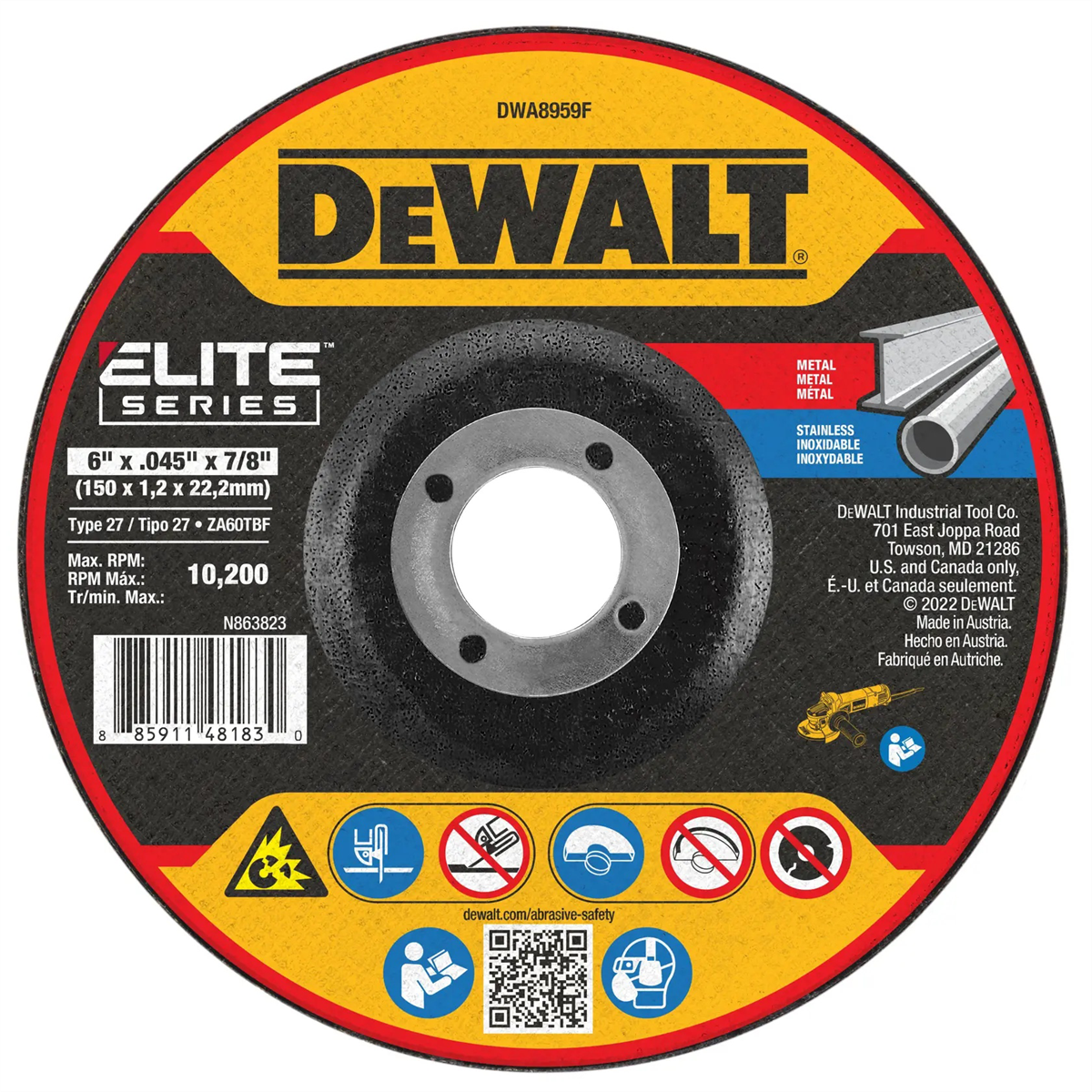 Dewalt Elite Series 6 In X .045 In Ceramic Abrasive Chop / Cut-off Blade With 7/8 In Arbor For Stainless & Mild Steel Cutting (1 Pack)