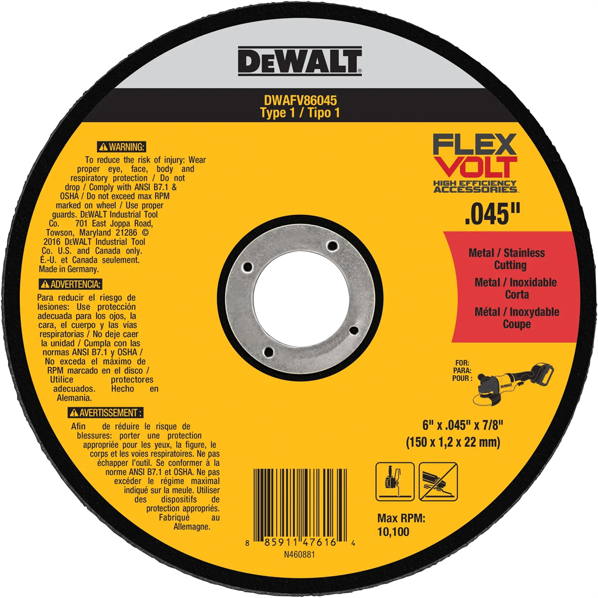 Dewalt Flexvolt 6 In X .045 In Abrasive Chop / Cut-off Blade With 7/8 In Arbor For Stainless & Mild Steel Cutting (1 Pack)