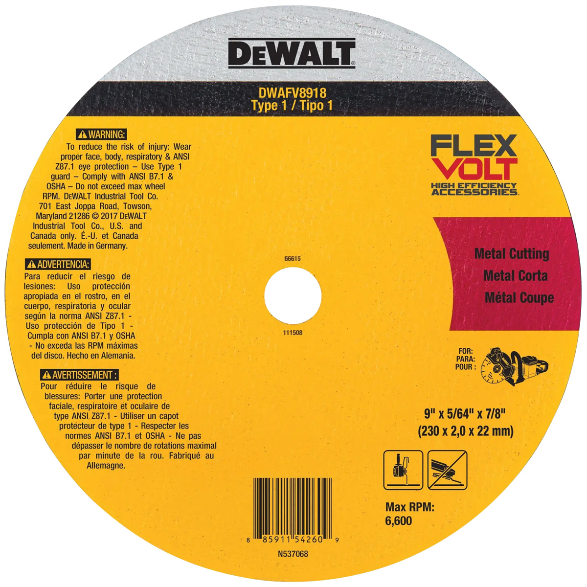 Dewalt Flexvolt 9 In X .045 In Ceramic Abrasive Chop / Cut-off Blade With 7/8 In Arbor For Stainless & Mild Steel Cutting (1 Pack)