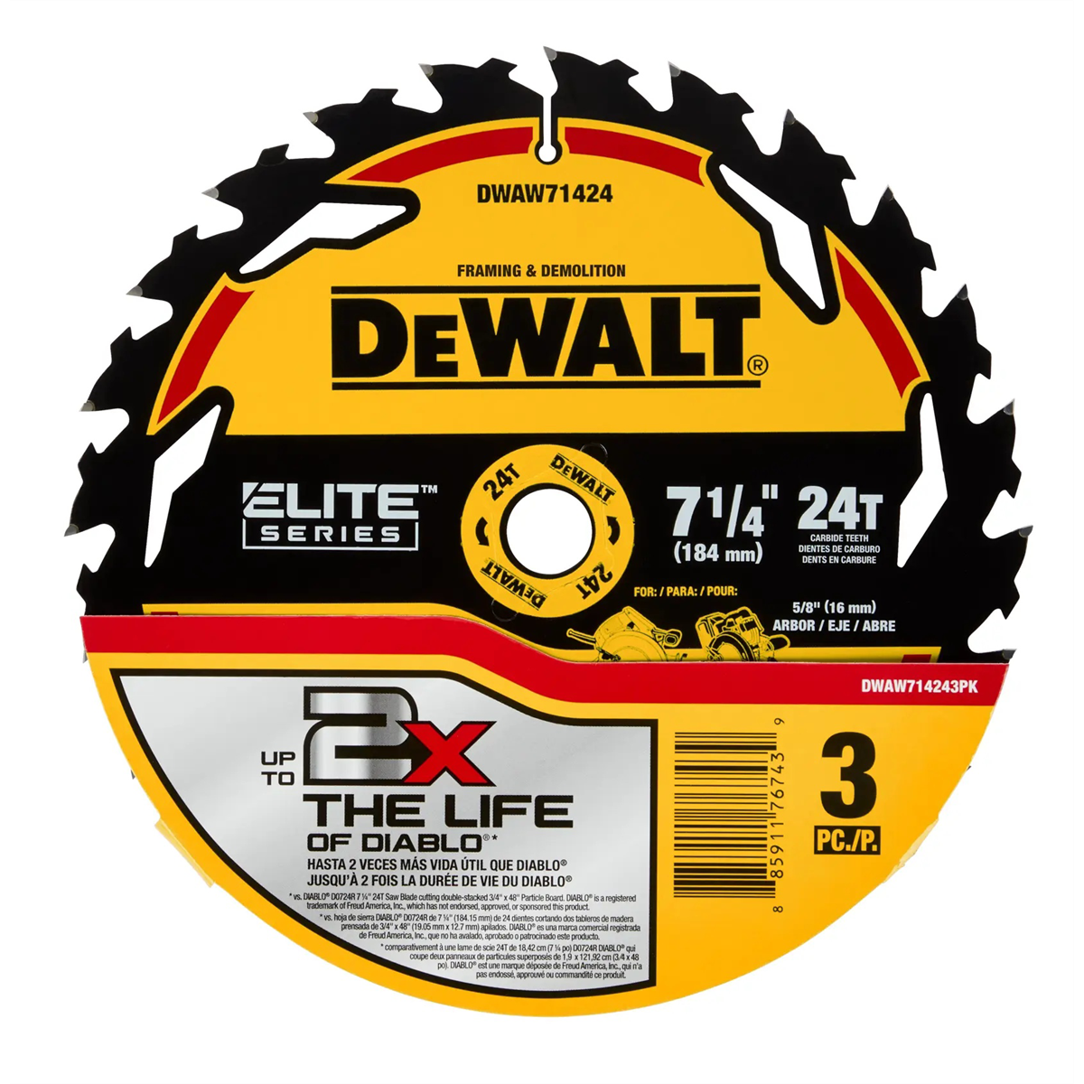 DEWALT ELITE SERIES 7-1/4 In Carbide Circular Saw Blade 24 Tooth with 5/8 in Arbor (3 Pack)
