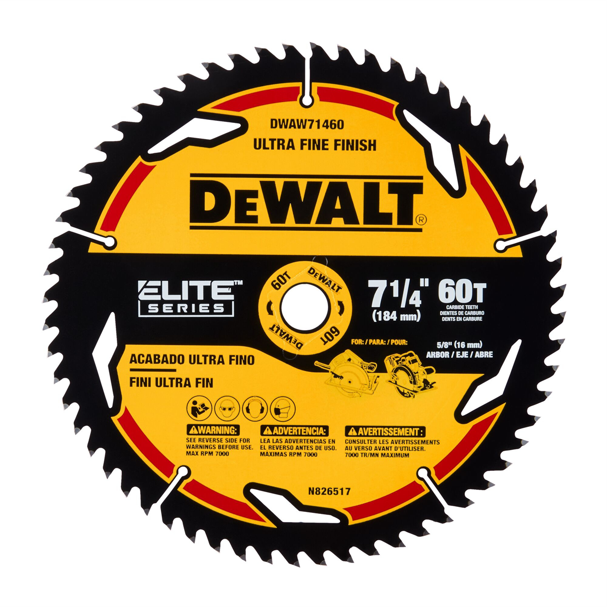 DEWALT ELITE SERIES 7-1/4 In Carbide Circular Saw Blade 60 Tooth with 5/8 in Arbor (1 Pack)