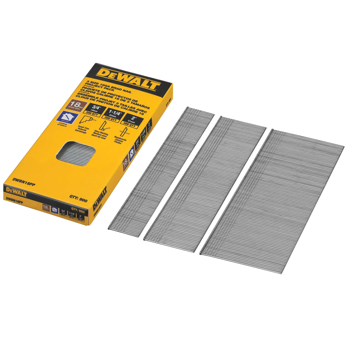 Dewalt 18ga Brad Nail, 3/4in; 1-1/4in; 2in