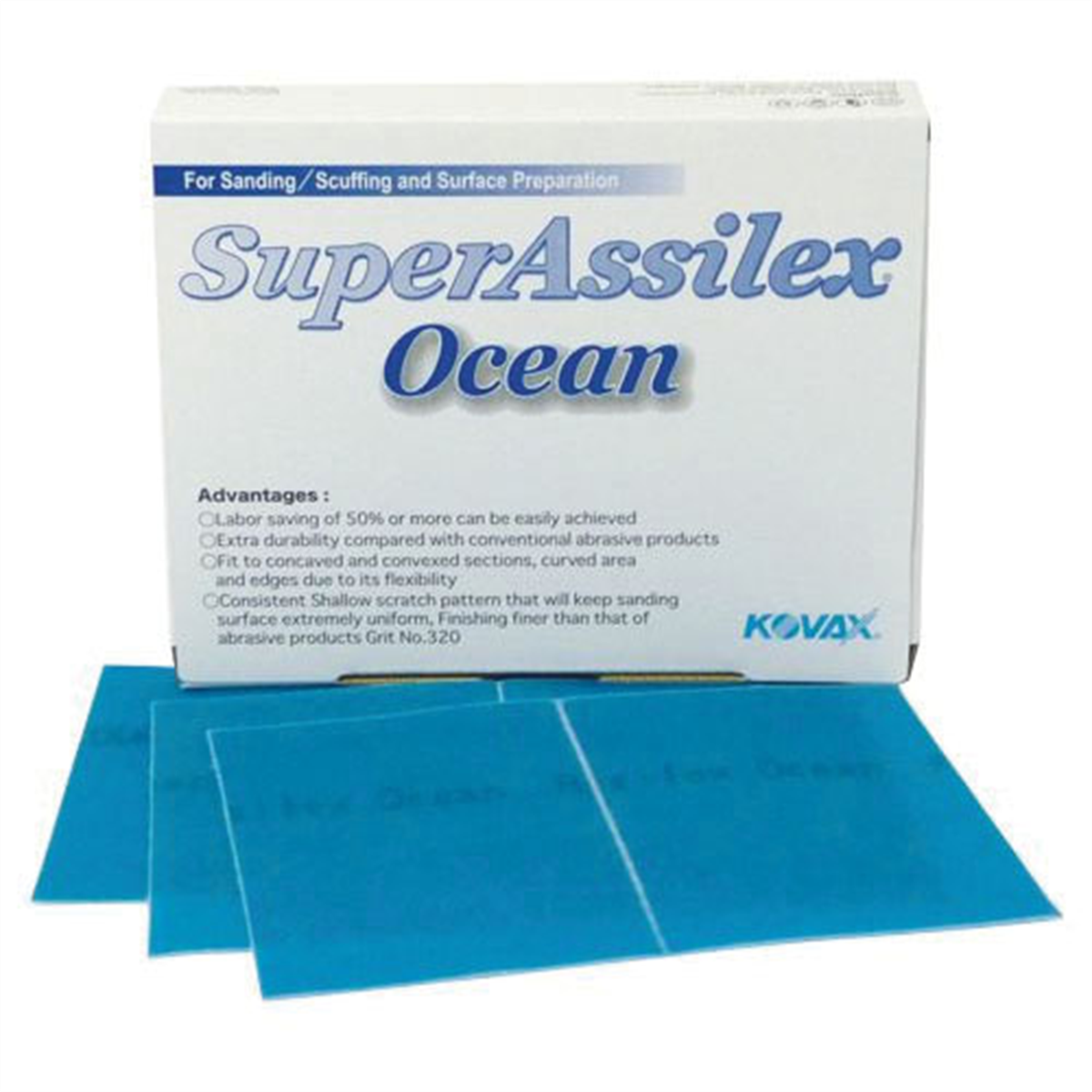 Eagle Abrasives, Inc. KOVAX Super Assilex 191-1515 Sanding Sheet, 130 mm W x 170 mm L, 360 Grit, Aluminum Oxide Abrasive, Ocean, Dry