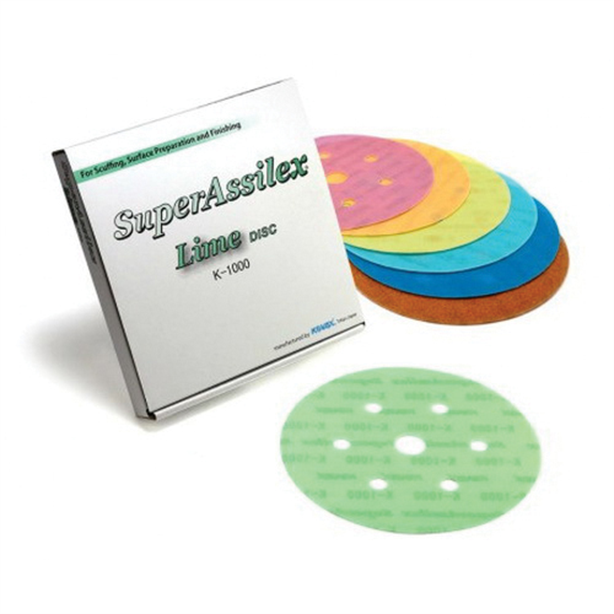 Eagle Abrasives, Inc. KOVAX Super Assilex 193-2547 Sanding Disc, 6 in, 7 Holes, 1000 Grit, Super-Tack Attachment, Lime