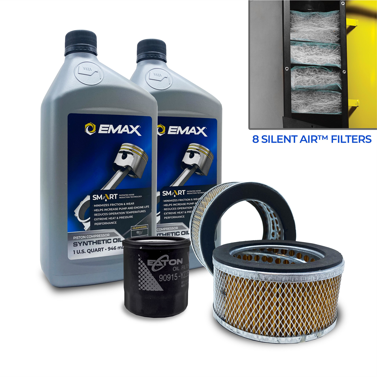 Emax Compressor 5-Year Extended Warranty Filter Maintenance Kit for 5HP, 7.5HP, 10HP Piston Compressor w/ Silent Air & Spin-on Oil Filter
