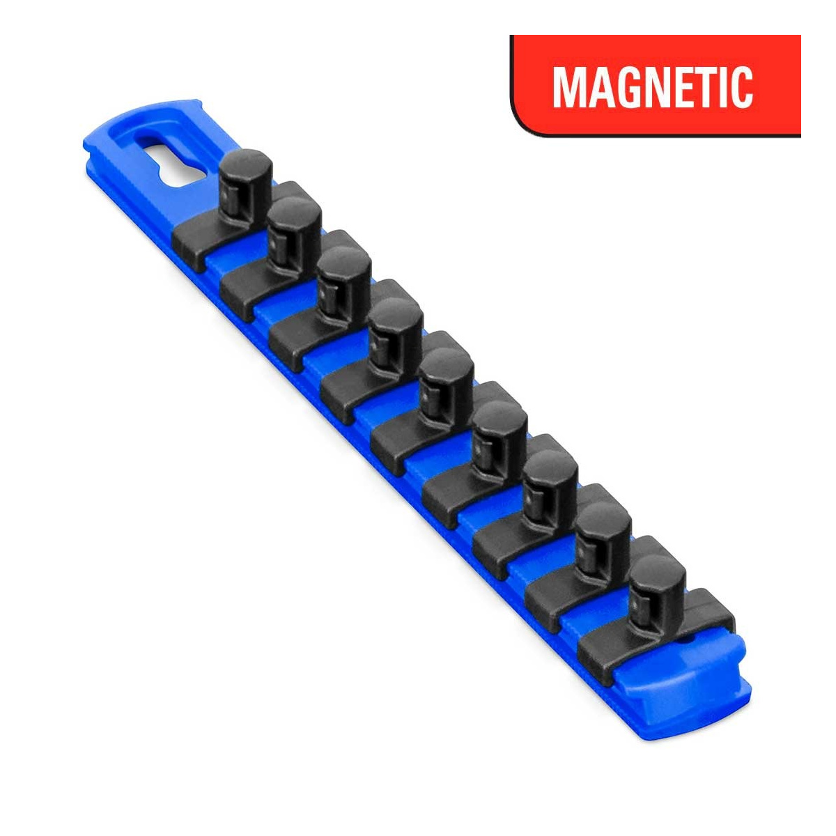 Ernst Mfg. 8 Inch Magnetic Socket Organizer With 9 Socket Clips - 3/8 Inch - Blue