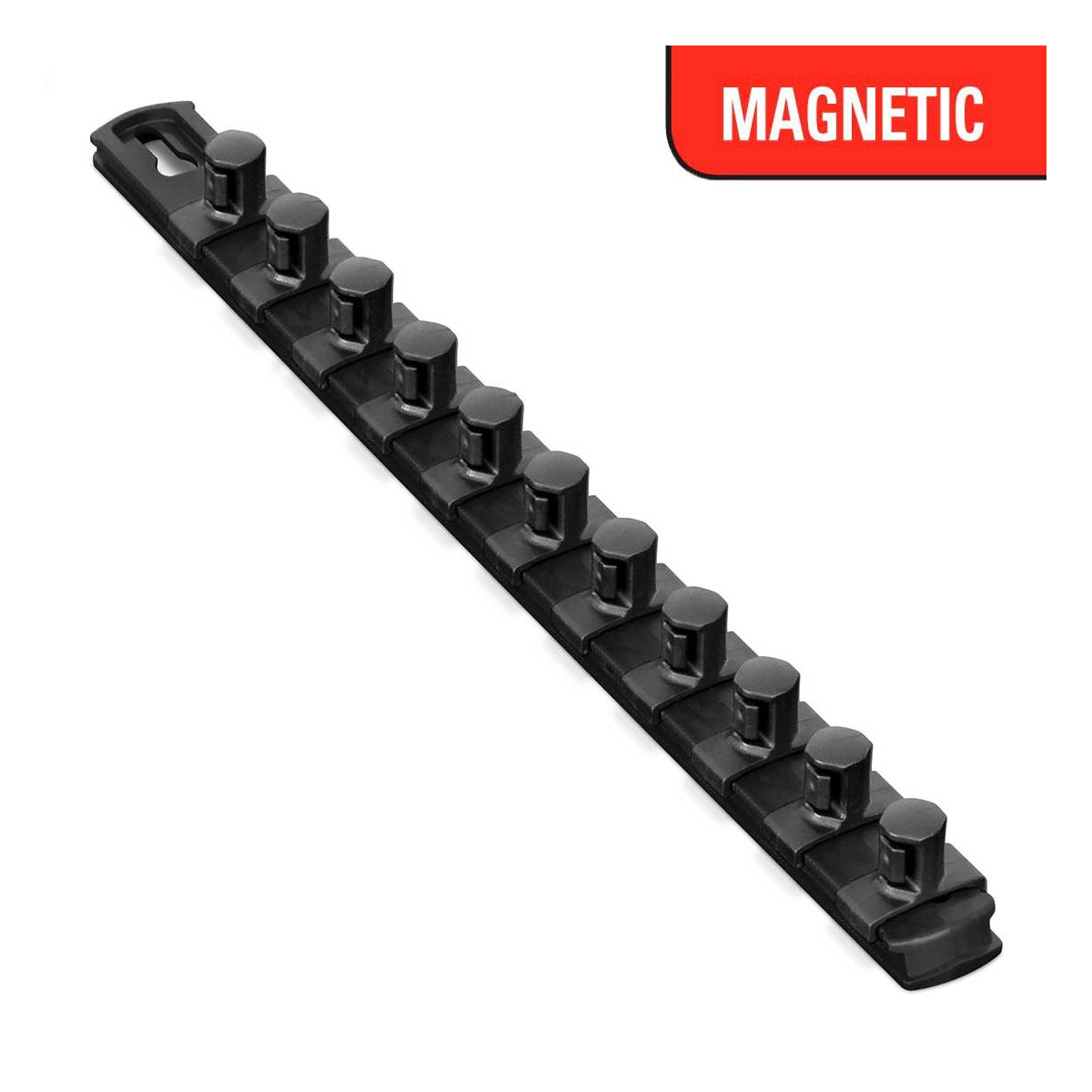 Ernst Mfg. 13 Inch Magnetic Socket Organizer with 11 Twist Lock Clips - 1/2 Inch - Black