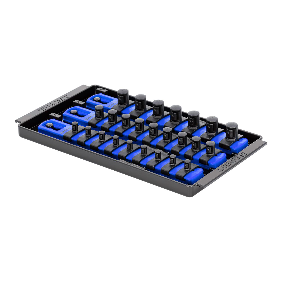 Ernst Mfg. 3 Rail Universal Twist Lock Socket Tray 8" Blue, 25 Socket Clips - 9) 1/4", 9) 3/8" and 7) 1/2"
