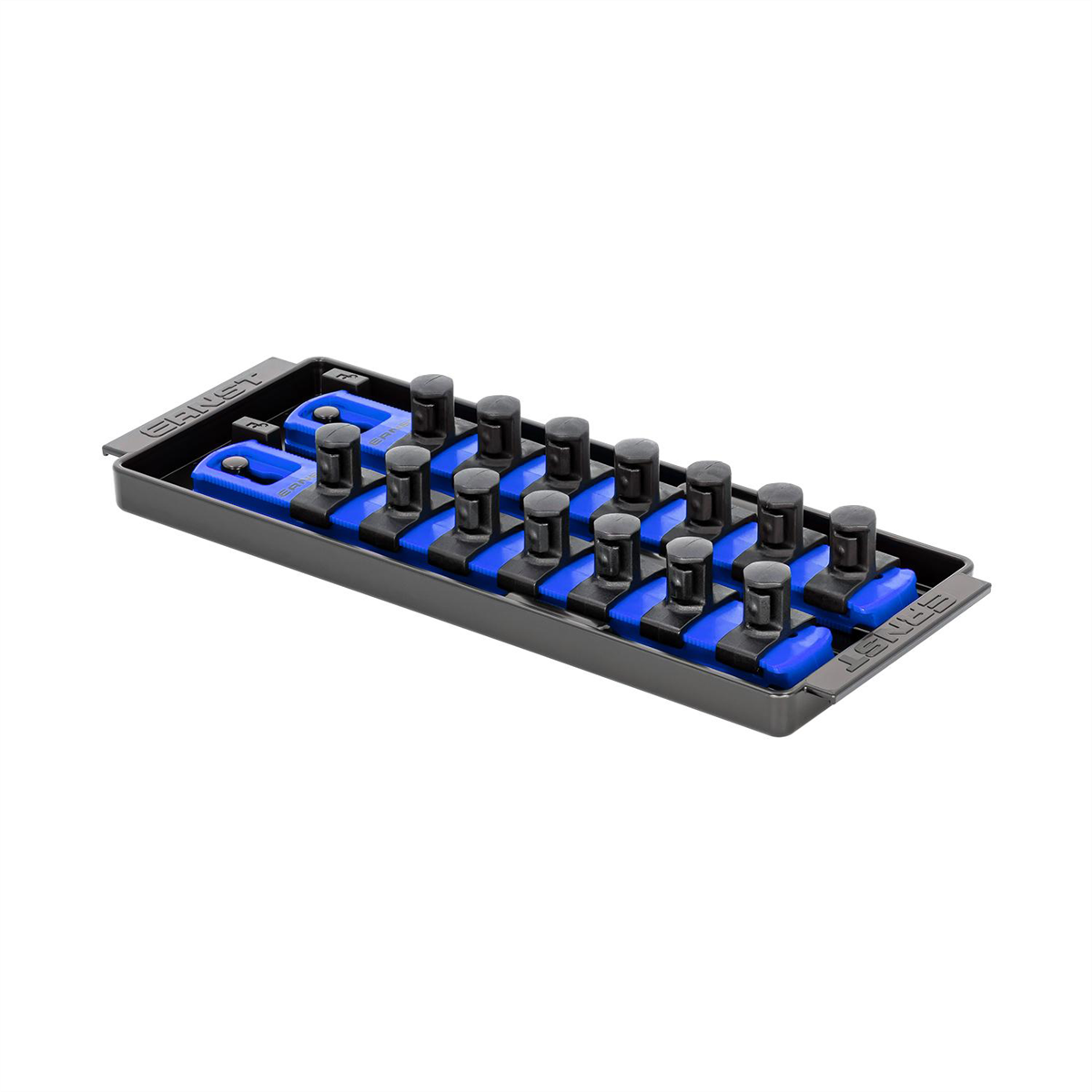 Ernst Mfg. 2 Rail Universal Twist Lock Socket Tray 8", Blue, with 14) 1/2" Socket Clips