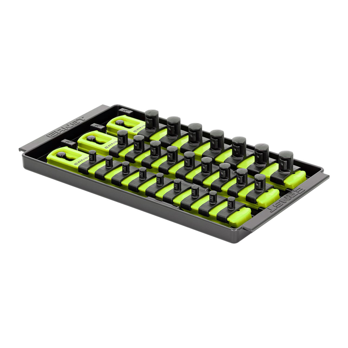 Ernst Mfg. 3 Rail Universal Twist Lock Socket Tray 8" HI-VIZ, 25 Socket Clips - 9) 1/4", 9) 3/8" and 7) 1/2"