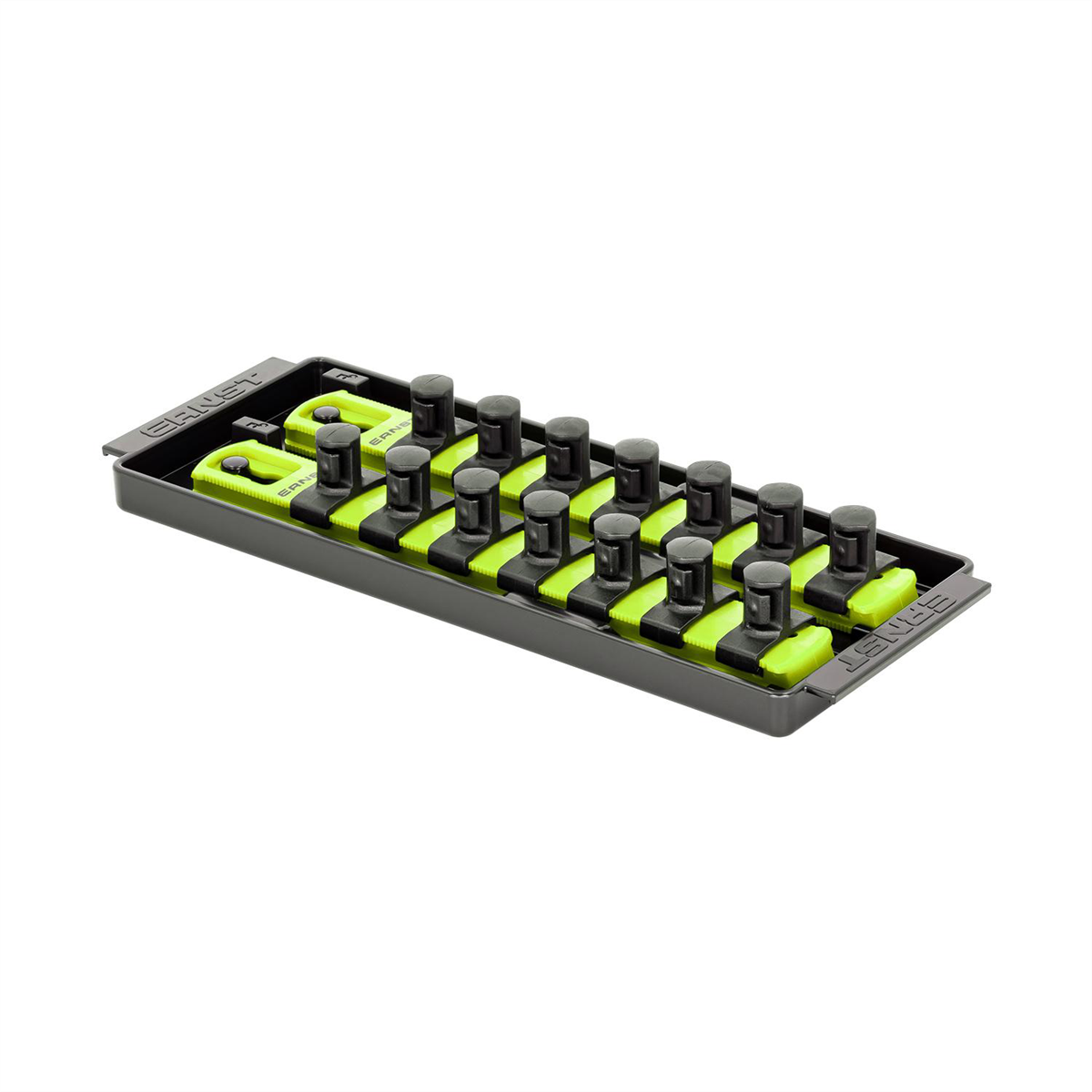 Ernst Mfg. 2 Rail Universal Twist Lock Socket Tray 8", HI-VIZ, with 14) 1/2" Socket Clips