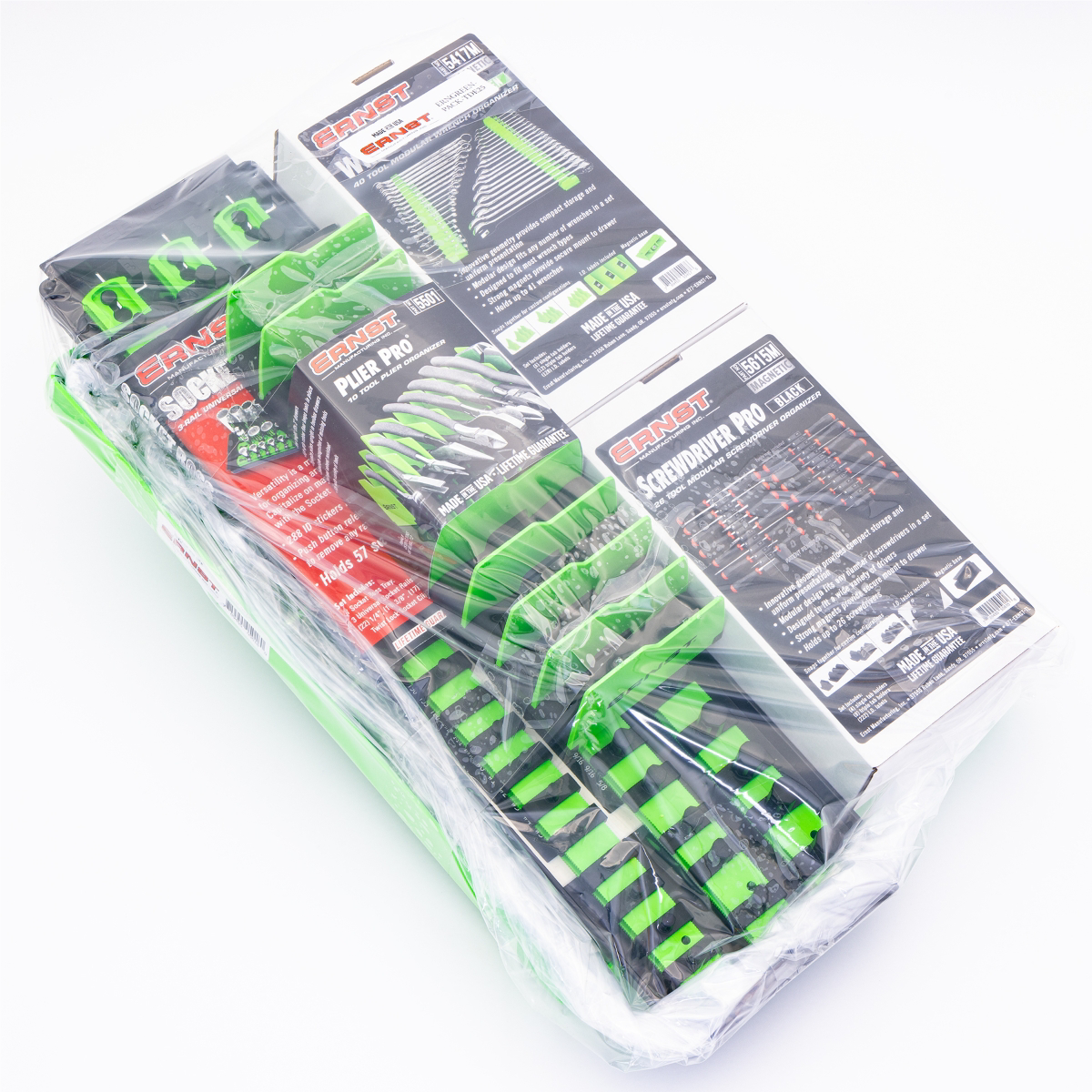 Ernst Mfg. Tool Organizer Bundle: Screwdriver, Wrench, Plier, Socket, And Tray - Green