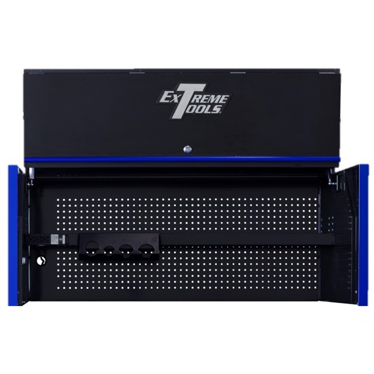 Extreme Tools DX Series 55in W x 25in D Extreme Power Workstation Hutch Black with Blue Handle and Trim