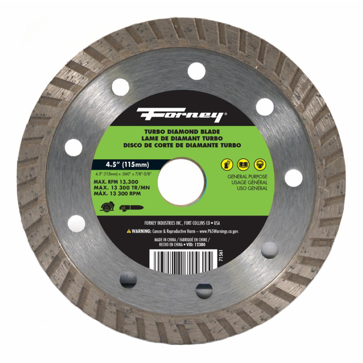 Forney Industries Diamond Cut-off Blade, Turbo, 4-1/2 In