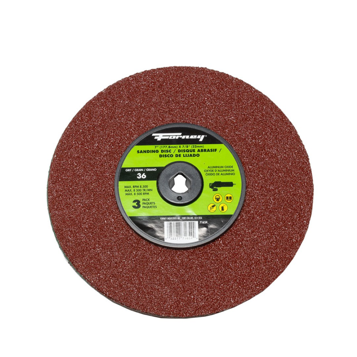Forney Industries Resin Fibre Sanding Disc, Aluminum Oxide, 7 in x 7/8 in Arbor, 36 Grit