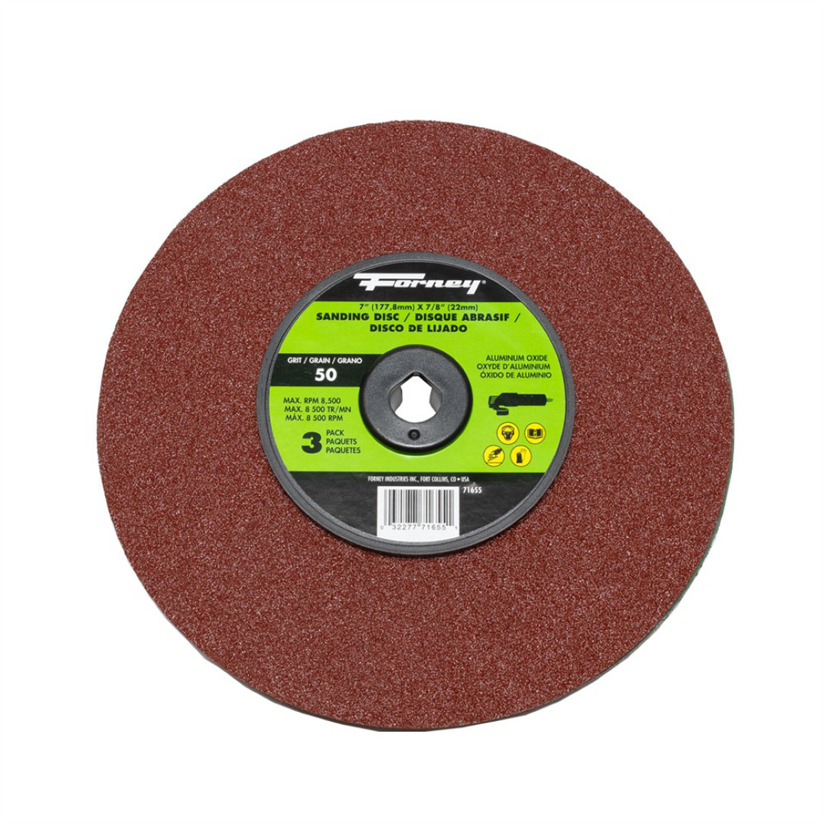 Forney Industries Resin Fibre Sanding Disc, Aluminum Oxide, 7 in x 7/8 in Arbor, 50 Grit