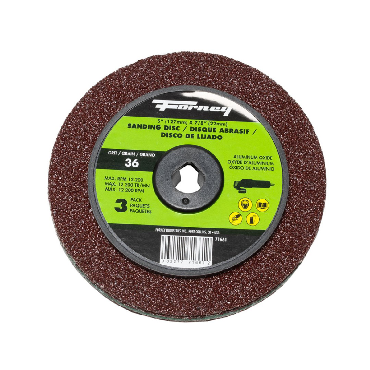 Forney Industries Resin Fibre Sanding Disc, Aluminum Oxide, 5 in x 7/8 in Arbor, 36 Grit