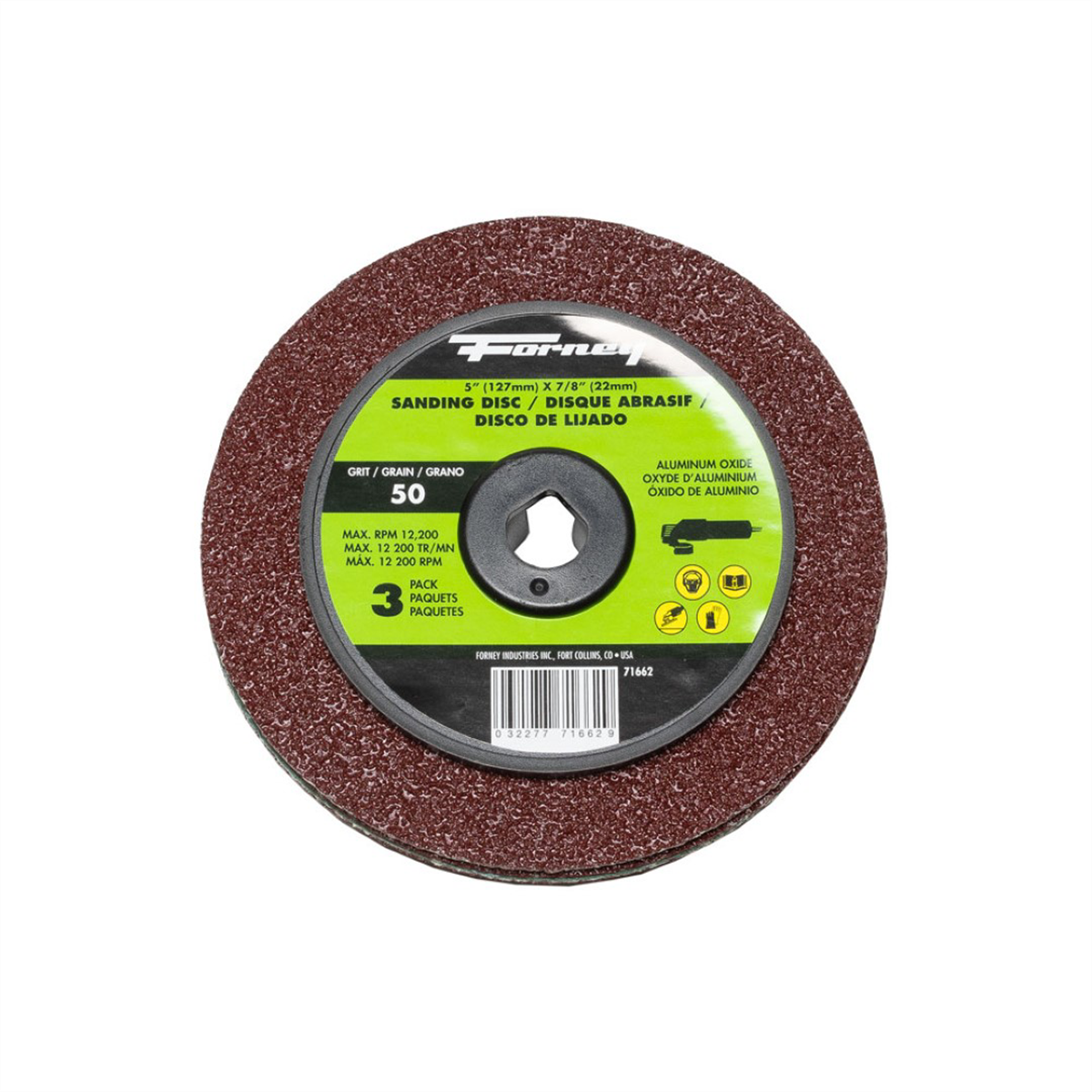 Forney Industries Resin Fibre Sanding Disc, Aluminum Oxide, 5 in x 7/8 in Arbor, 50 Grit