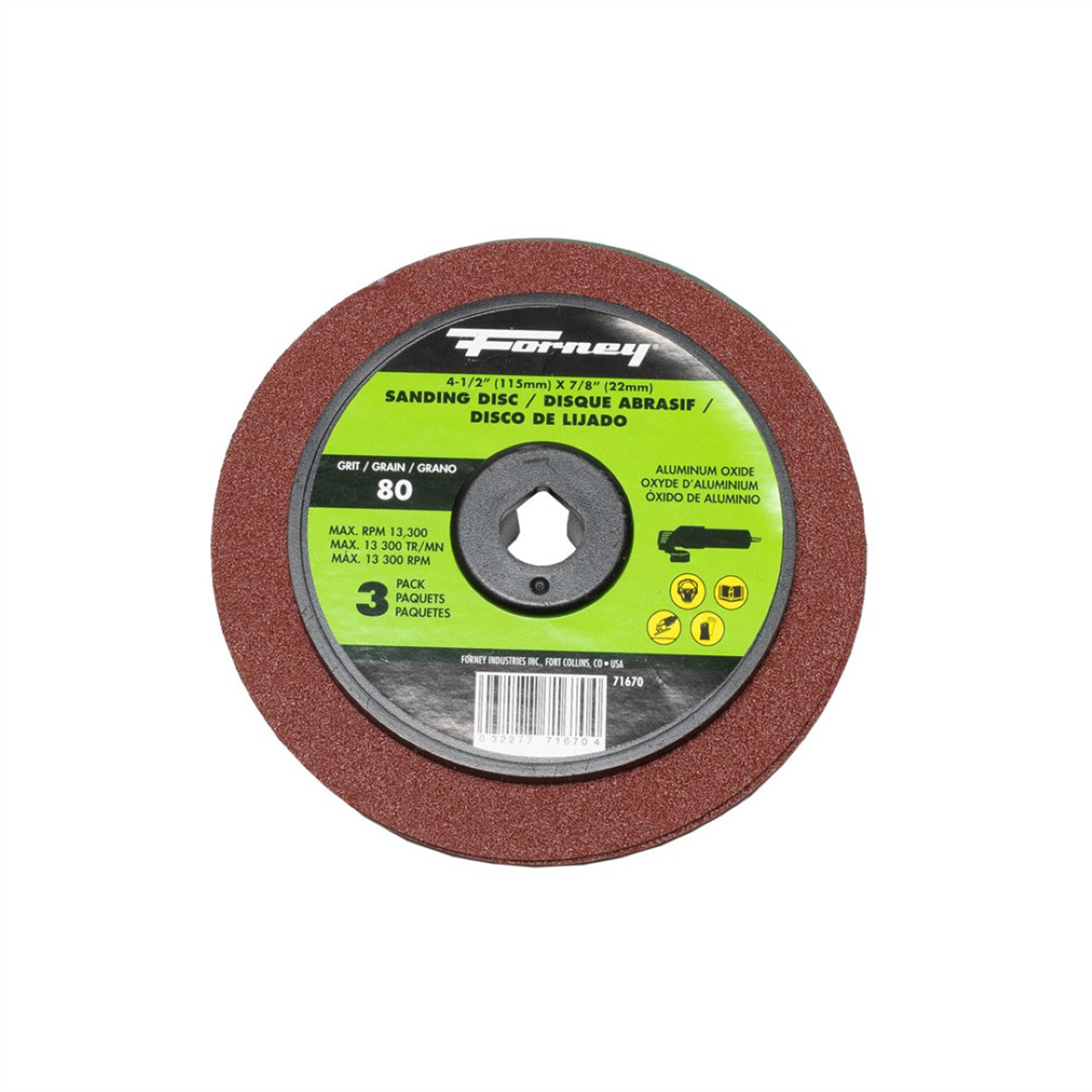 Forney Industries Resin Fibre Sanding Disc, Aluminum Oxide, 4-1/2 in x 7/8 in Arbor, 80 Grit