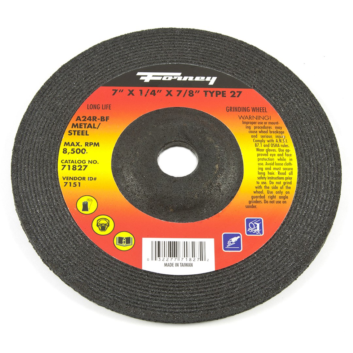 Forney Industries Grinding Wheel, Metal, Type 27, 7 in x 1/4 in x 7/8 in