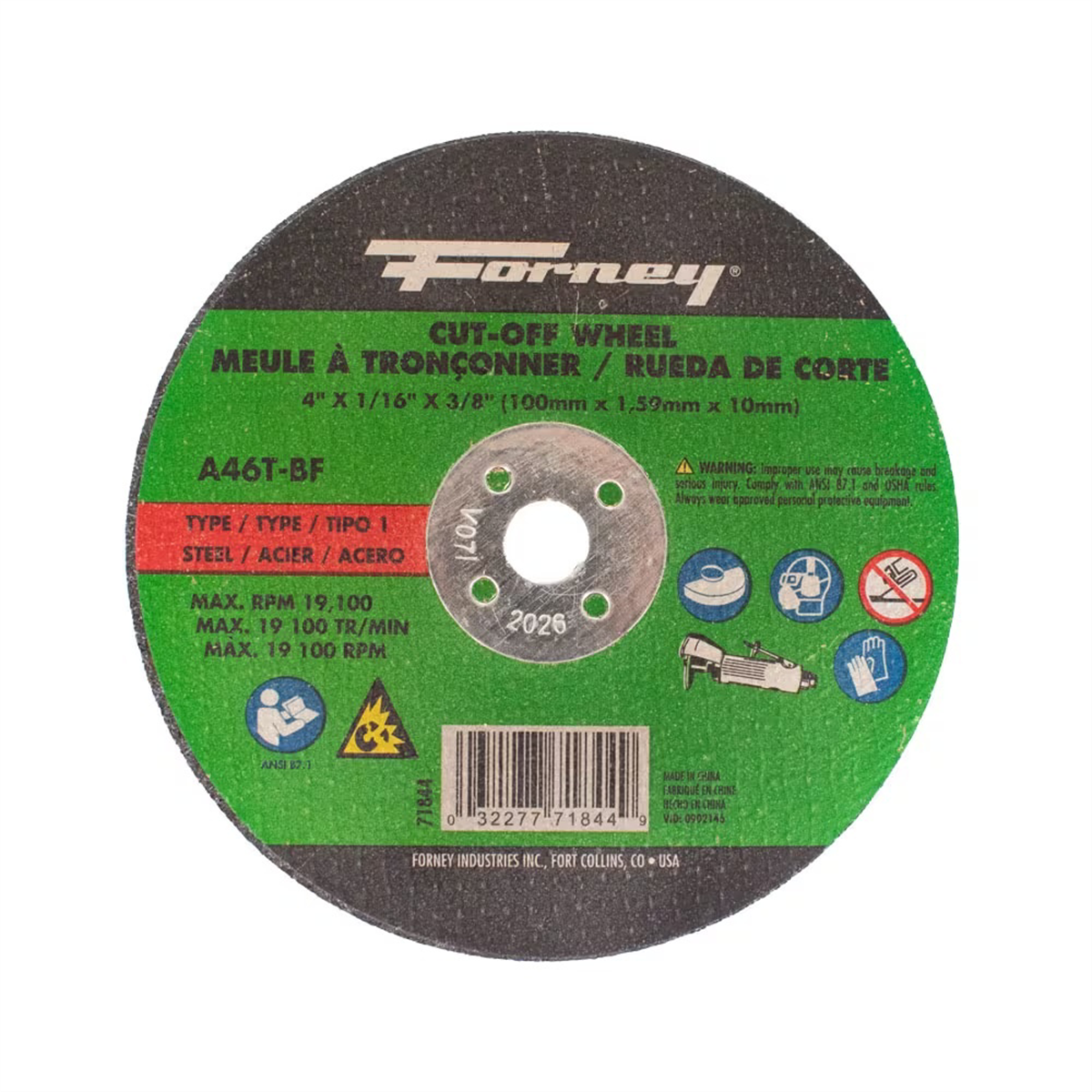 Forney Industries Cut-Off Wheel, Metal, Type 1, 4 in x 1/16 in x 3/8 in