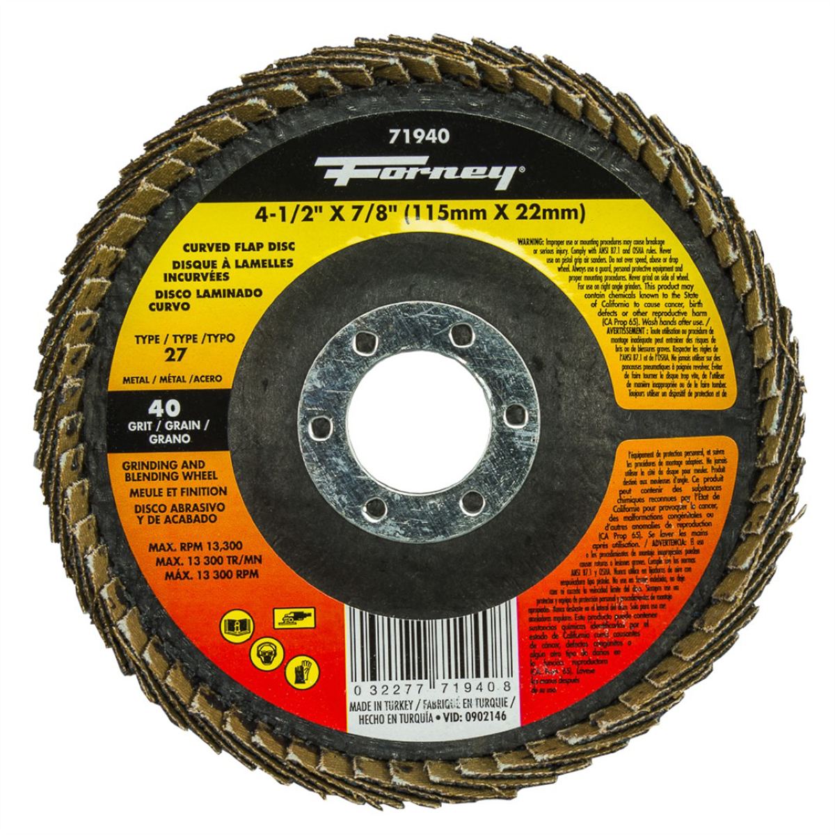 Forney Industries Curved Edge Flap Disc, 4-1/2 in x 7/8 in, 40 Grit