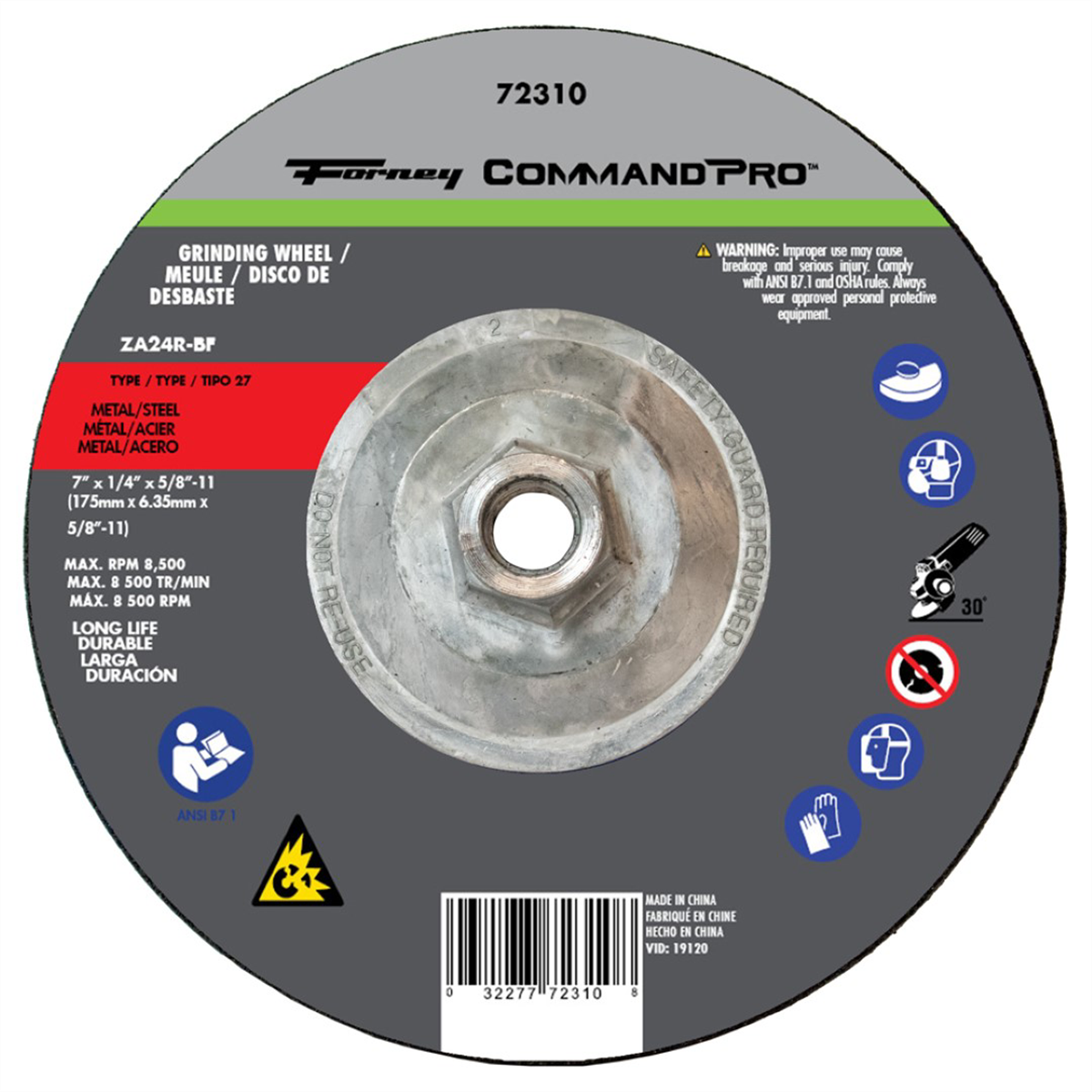 Forney Industries Grinding Wheel, Metal, Type 27, 7 in x 1/4 in x 5/8 in-11