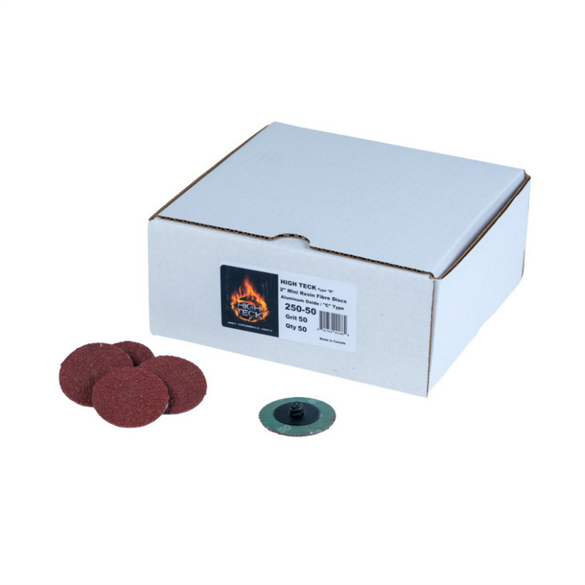 High Teck Products 250-50 R-Style Disc, 2 in Dia, 50 Grit, Aluminum Oxide, Polymer Backing
