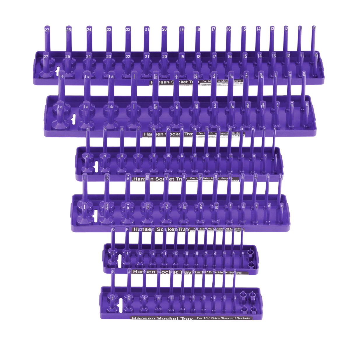 Hansen Global  1/4 Inch, 3/8 Inch, and 1/2 Inch Standard and Metric 2 Row Regular/Deep Socket Holder Trays - 6 Pack - Purple