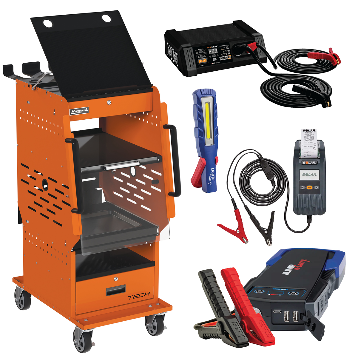 Homak Manufacturing Diagnostic Charging Cart With Clore Battery Service Bundle - Orange and Black