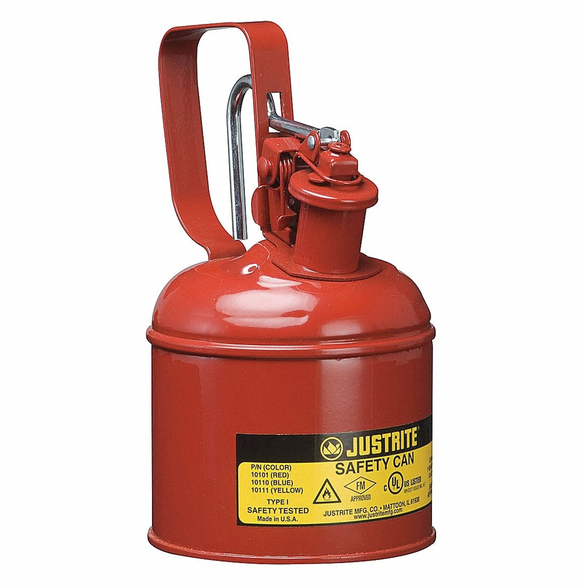 Justrite Mfg. Co. 1 Pint Steel Safety Can For Flammables, Type I, Flame Arrester, Trigger-Handle, Red - 10001