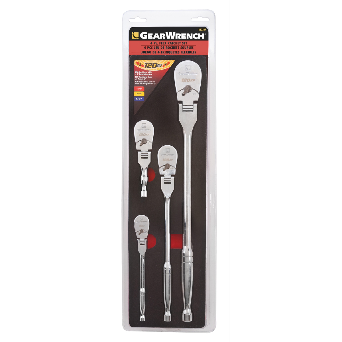 GearWrench 4 Piece 1/4 Inch, 3/8 Inch, and 1/2 Inch Drive 120XP Full Polish Flex Handle Teardrop Ratchet Set