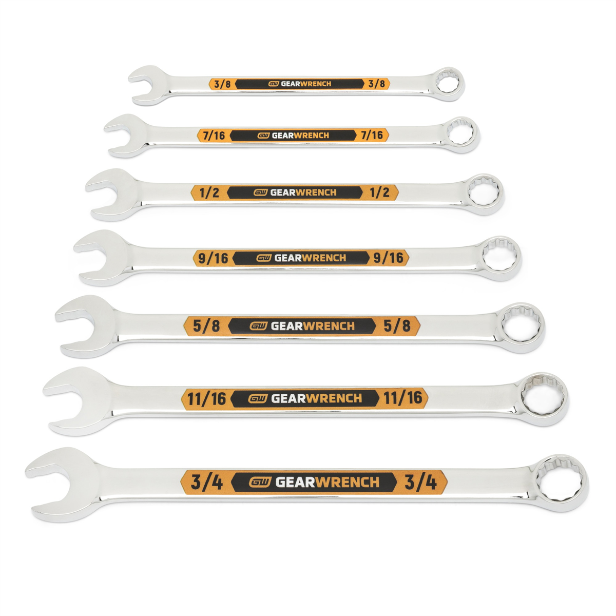 GEARWRENCH 7 Piece 12 Point SAE Hi-Viz Long Pattern Combination Wrench Set with Tool Roll