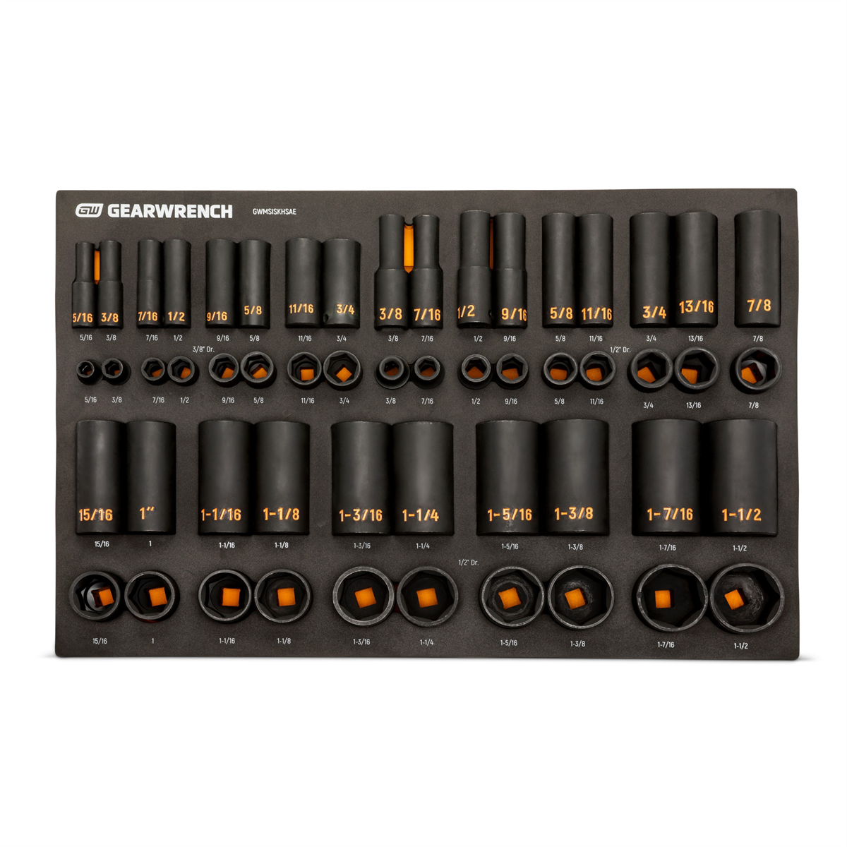 GEARWRENCH 54 Piece 3/8&rdquo; & 1/2&rdquo; Drive 6 Point SAE Standard & Deep Hi-Viz Impact Socket Set in Foam Storage Tray