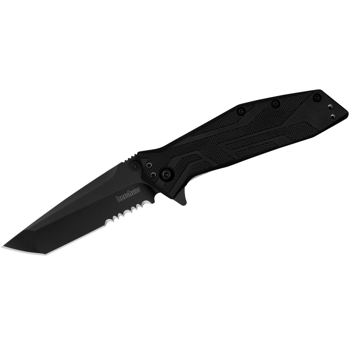 Kershaw Brawler Serrated Assisted Open Liner Lock  8Cr13MoV Tanto Blade with Black-oxide coating EDC Folding Pocket Knife - Black
