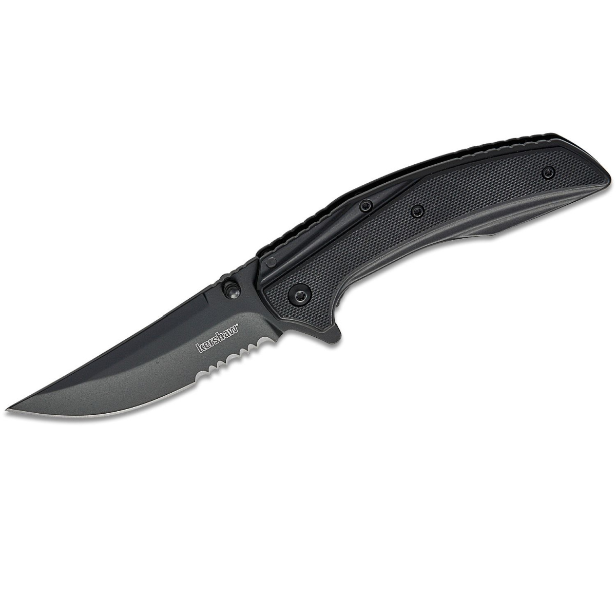 Kershaw Outright Serrated Assisted Open Frame Lock 8Cr13MoV Trailing Point Blade with Black PVD coating EDC Folding Pocket Knife - Black