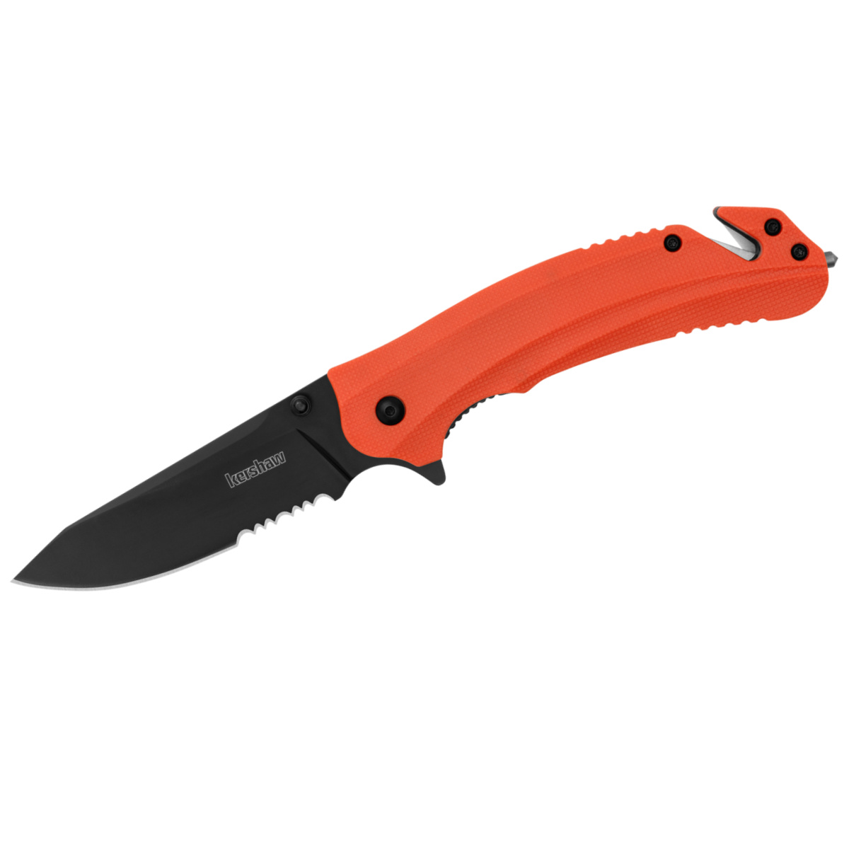 Kershaw Barricade Serrated Assisted Opening Rescue Folding Pocket Knife with Glassbreaker and Cord Cutter - Color Orange