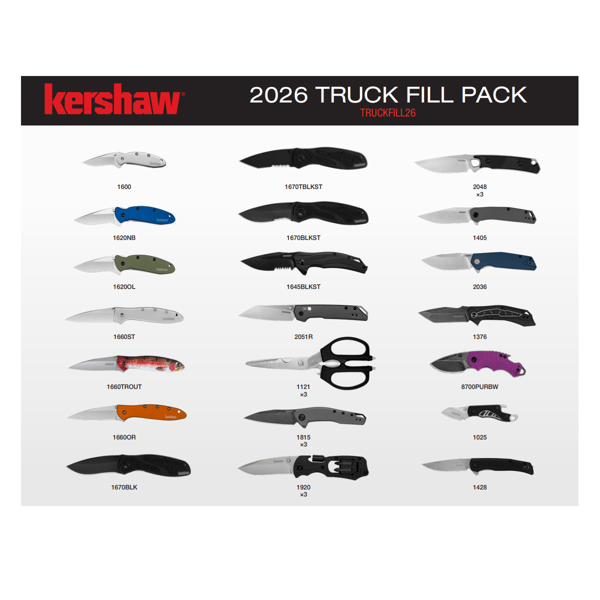 Kershaw 2026 Truck Fill Pack Knife and Tool Assortment with Folding Knives and Taskmaster Shears - 29 Pack