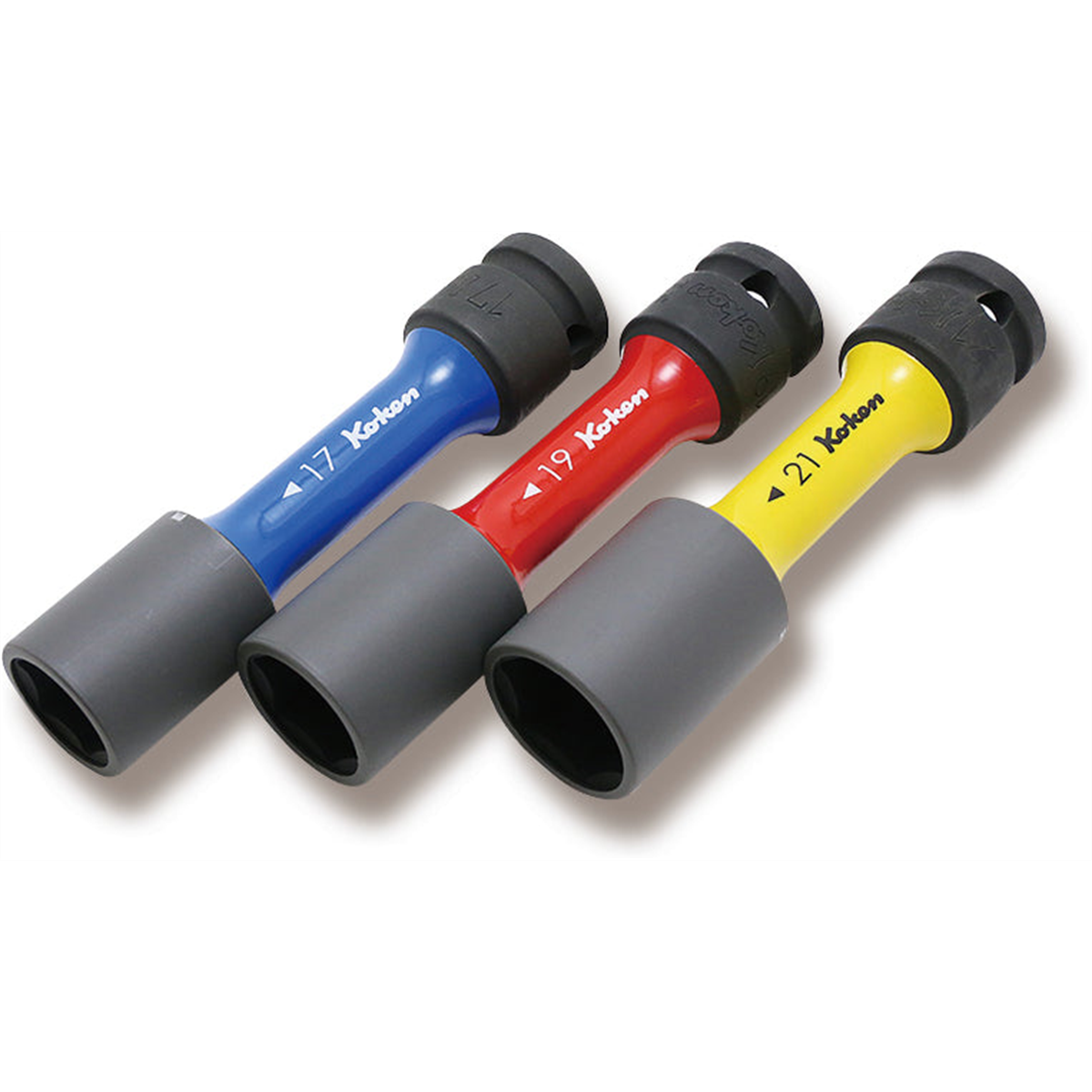 Ko-ken USA 14201M 1/2 Sq. Dr. Wheel Nut Socket 3 piece Set, 17-21mm, 6 point Thin Wall and Color Coded by Size
