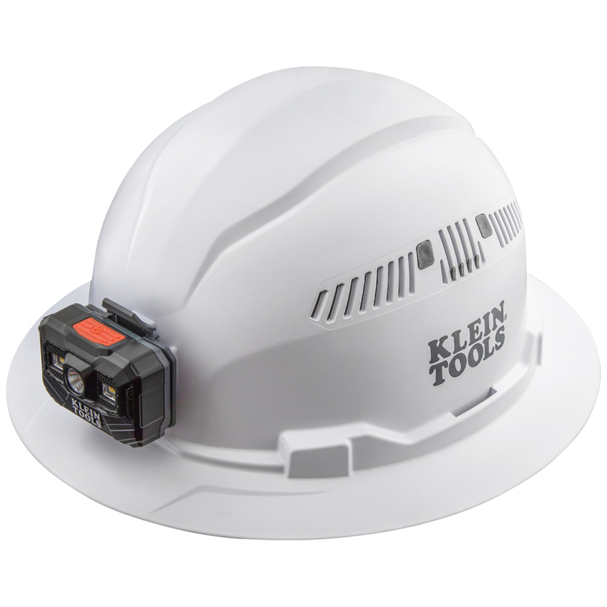 Klein Tools Hard Hat, Non-Vented, Full Brim with Rechargeable Headlamp, White