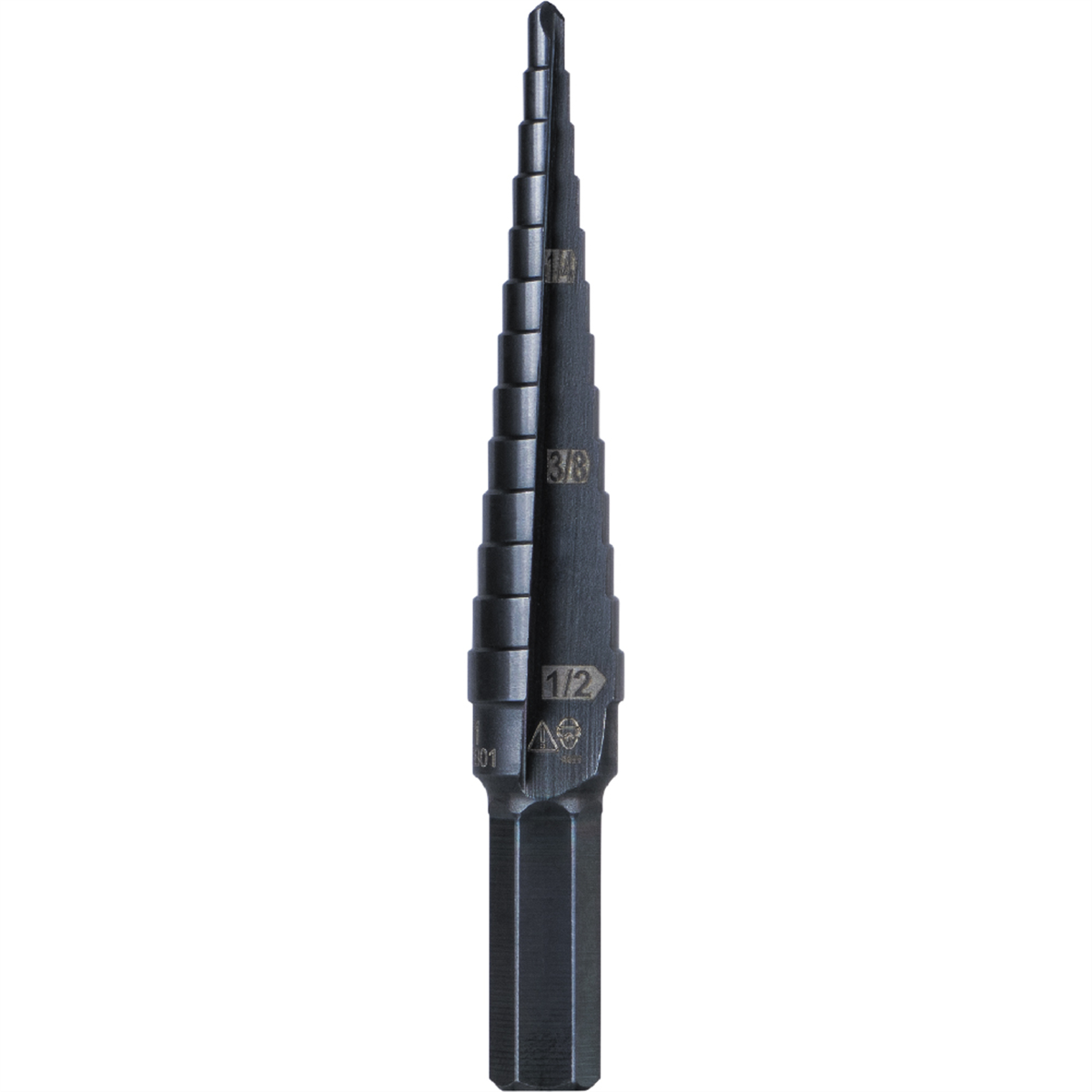 Klein Tools 13-Step Drill Bit, 3/8-Inch Hex, Double Straight Flute, 1/8-Inch to 1/2-Inch