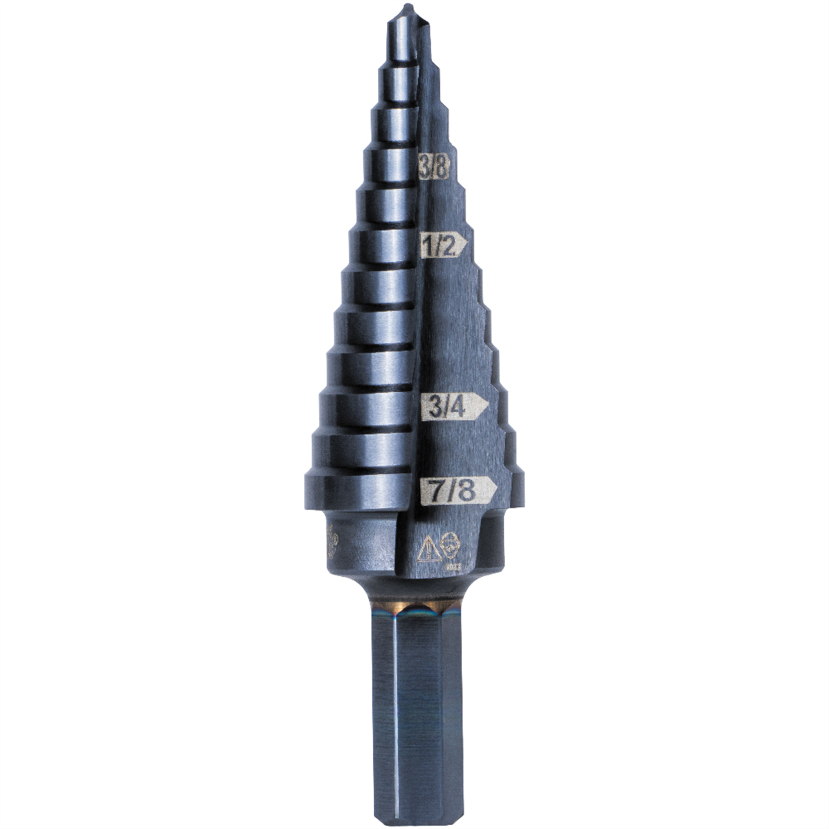 Klein Tools 12-Step Drill Bit, 3/8-Inch Hex, Double Straight Flute, 3/16-Inch to 7/8-Inch